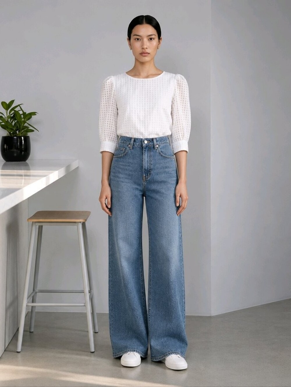 White Sheer Checkered Puff Sleeve Blouse - 3/4 Sleeve Grid Textured Top